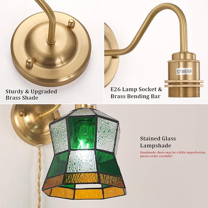 Vintage Wall Sconce, Wall Lamps with Polygonal Checker Sconce, Stained Glass Shade Brass Wall Lights Fixture with Plug in Cord and Switch for Bedroom Bathroom Living Room Hallway