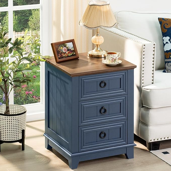 Night Stand Set of 2, Farmhouse 18" End Table with 3 Drawer Metal Handle, Dresser for Bedroom, Sofa Bed Side Table Chest of Drawers,Wood Nightstand Cabinet for Organizer, Living Room-Blue