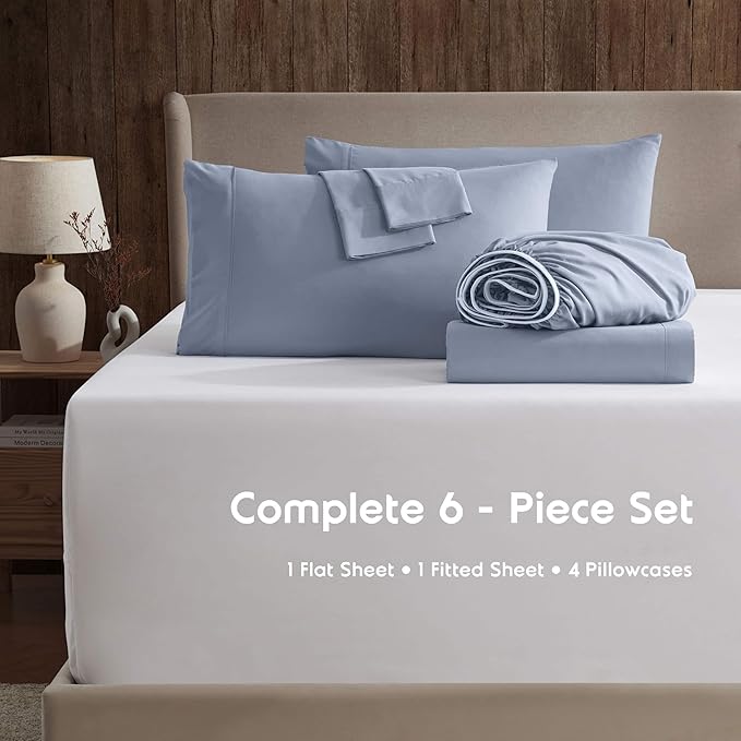 Nestl Extra Deep King Sheet Set - 6 Piece Breathable & Cooling Sheets - Hotel Luxury Bedding Set w/18-24 Inch Deep Pockets - Easy & Secure Fit - Super Soft, Wrinkle Free & Comfy - Stone Blue