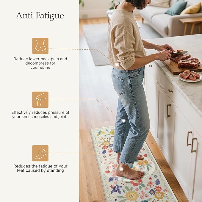 GENIMO Kitchen Mats for Floor 2PCS, Cushioned Kitchen Rugs Non Slip Washable, Farmhouse Anti Fatigue Mat Waterproof, Comfort Standing Mat Rug for Office, Home, Laundry, 17.3"x47"+17.3"x30", SoftWhite