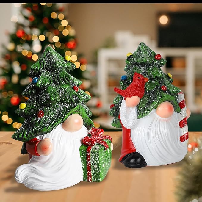 MorTime Set of 2 Christmas Gnomes Table Decorations, Resin Gnome with Gift Box Xmas Tree Snowflake Centerpieces for Desk Shelf Fireplace Winter Holiday Christmas Decor