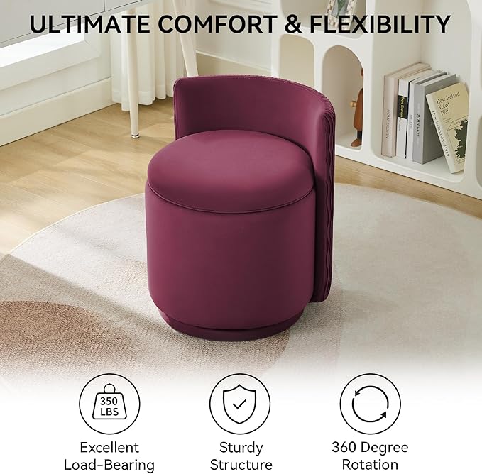 Velvet Vanity Chair with Storage, 360° Swivel Makeup Chair with Wave Back, No Assembly Small Accent Stool for Bedroom, Dressing, Living Room, Burgundy