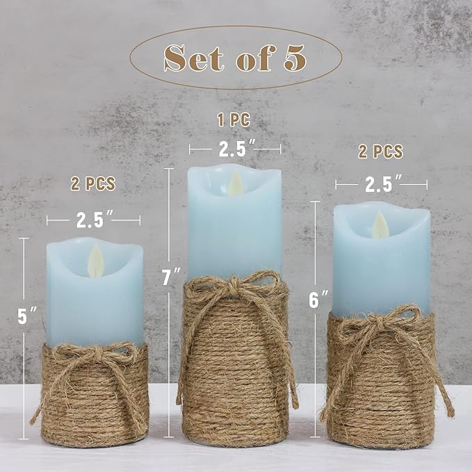 Crystal Club Blue Flameless Candles, Set of 5 Battery Operated LED Pillar Candles with Timer, Real Wax Candle Set with Remote for Home Bedroom Décor