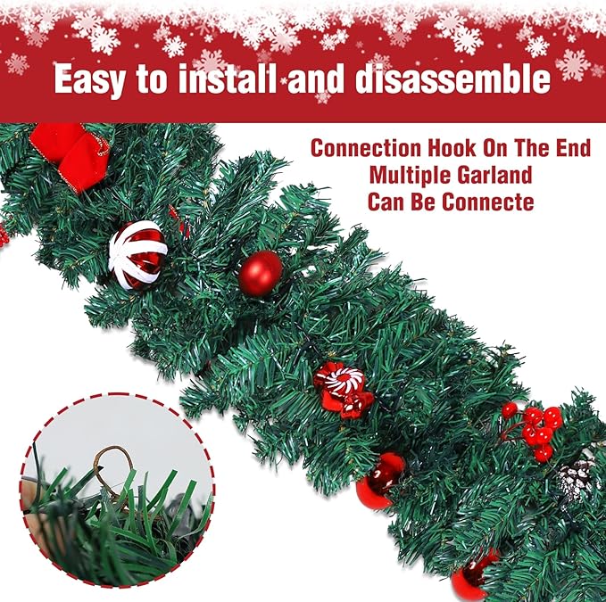 MorTime 4 Pack 9 FT LED Christmas Garland with Pinecones Red Berries Bows Christmas Balls Candies, Multi-Function Christmas Garland with 50 Warm White LED Lights, 180 Branch Tips