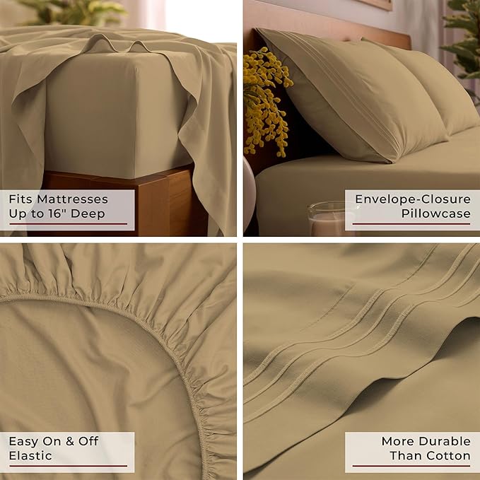 Mellanni Queen Sheets Set - 4 PC Iconic Collection Bedding - Hotel Luxury, Extra Soft, Cooling Bed Sheets - Wrinkle, Fade, Stain Resistant (Queen, Gold)