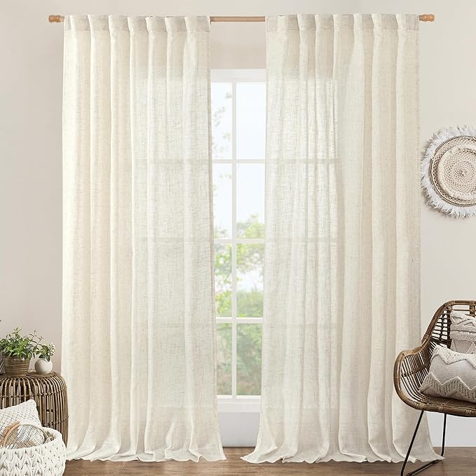 LAMIT 60 Inch Wide Linen Curtains 95 Inches Long, Ivory Cream Light Filtering Faux Linen Textured Bedroom Panels Semi Sheer Back Tab and Rod Pocket Boho Drapes for Living Room/Farmhouse, 2 Panels