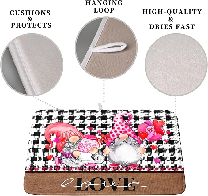 Valentine's Day Dish Drying Mats for Kitchen Counter, Gnome Love Kitchen Drying Mat, Buffalo Plaid Dish Drainer Mat Absorbent Quick Dry Dishes Pad 18 x 24 In - Farmhouse Decor Valentines Gift