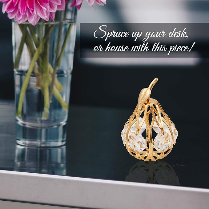 Matashi 24K Gold Plated Crystal Studded Mini Pear Ornament with Genuine Crystals for Christmas Decoration Tabletop Birthday Seasonal Gift