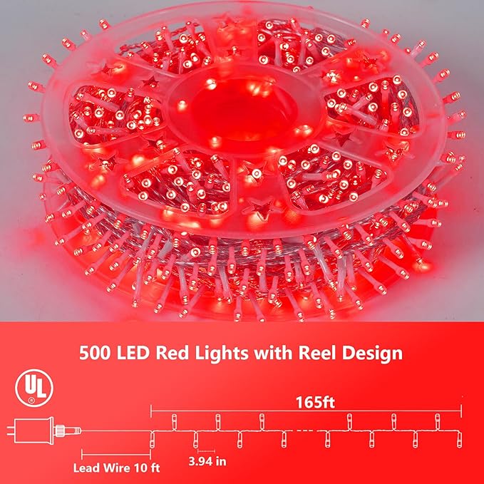 YEGUO 165ft 500 LED Halloween Lights Outdoor Waterproof, Red String Lights Indoor Plug in, 8 Modes Clear Wire for Halloween Holiday Home Tree Garden Patio Decor