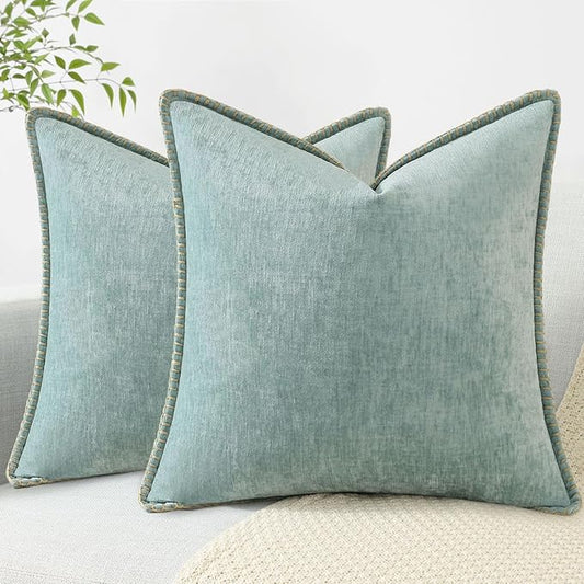 decorUhome Chenille Soft Throw Pillow Covers 16x16 Set of 2, Farmhouse Velvet Neutral Decorative Euro Pillow Covers with Stitched Edge for Couch Sofa Bed Home Decor, Aqua Haze