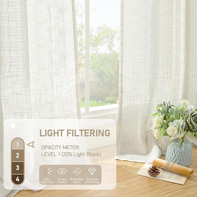 LAMIT Ivory 90 Inches Long Linen Sheer Curtains for Living Room, Back Tab and Rod Pocket Nautral Curtains Light Filtering Boho Panels for Bedroom/Dining Room, Set of 2, 52 x 90 Inch