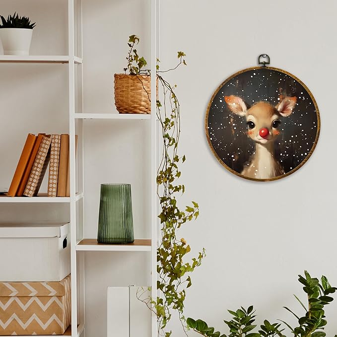 XPH Christmas Red Nose Reindeer Round Wall Art Framed, Christmas Whimsical Deer Circle Wall Decor, Xmas Rustic Winter Deer Hanging Canvas Prints for Home Bedroom Living Room Decoration, 10x10 Inch