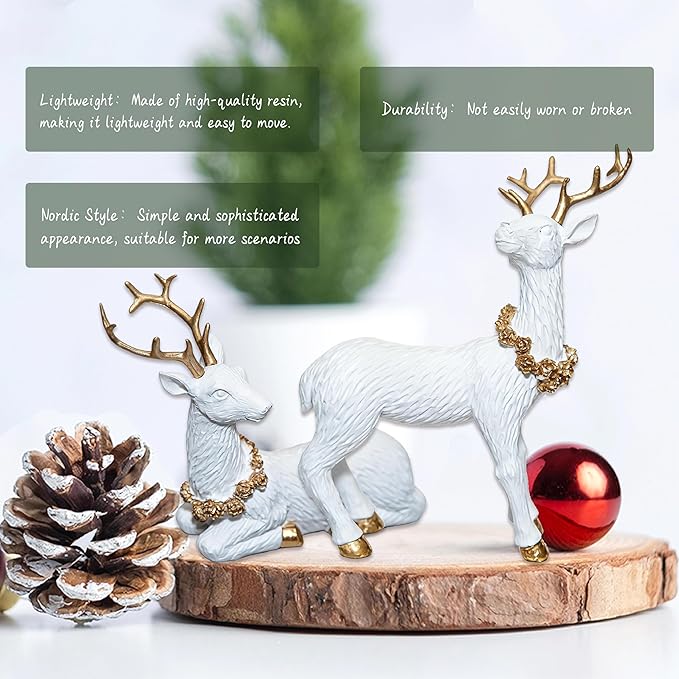 2pcs Pine Nut Reindeer Christmas Decorations, Deer Figurines Home Decor, Elk Figurine, Holiday Home Décor Accents for Xmas Office Living Room & Bedroom Decorations (Pine Nut Medium, White)