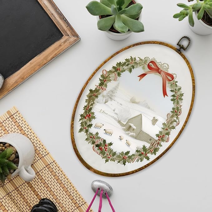 XPH Rustic Christmas Lamb Oval Wall Art Framed, Rustic Winter Landscape Oval Wall Decor, Farmhouse Cozy Winter Wreath Hanging Canvas Prints for Home Bedroom Living Room Decoration, 8.6x11.4 Inch
