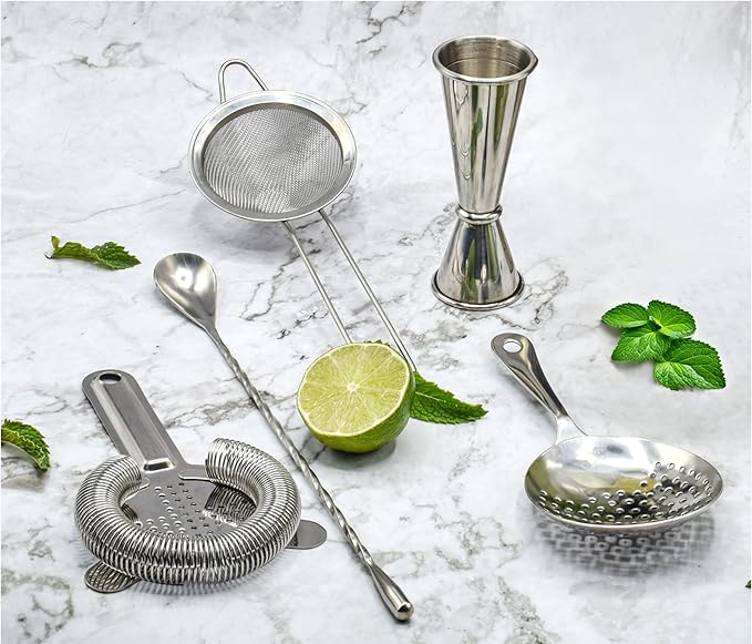 Cocktail Strainer Set Stainless Steel Bar Tools with Stirring Spoon - Hawthorne, Julep, Fine-Mesh and Jigger for Drinks