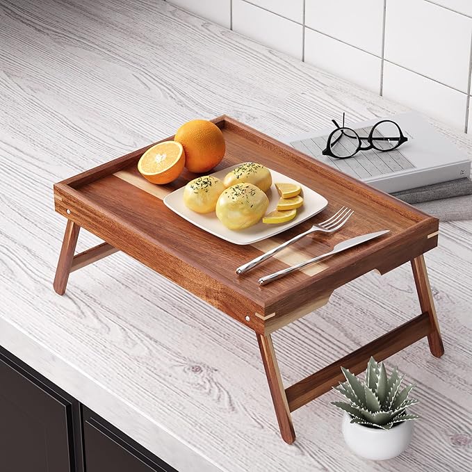 2 Pack Acacia Wood Bed Tray Table with Folding Legs,Breakfast Trays,Serving Tray for Food and Snack,Laptop Trays for Working(Natural)