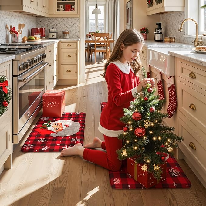 Christmas Buffalo Plaid Santa Claus Kitchen Mat 2PCS, Cushioned Anti Fatigue Kitchen Mats for Floor Non Skid Waterproof Comfort Foam Standing Rugs for Desk Laundry Office Home Decor, 17"x30"+17"x47"