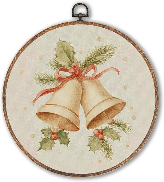 Hxlac Vintage Christmas Bells Round Wall Art Framed, Rustic Christmas Round Wall Decor, Cottagecore Winter Hanging Canvas Prints Sculptures for Farmhouse Home Living Room Decor, 10x10 Inch