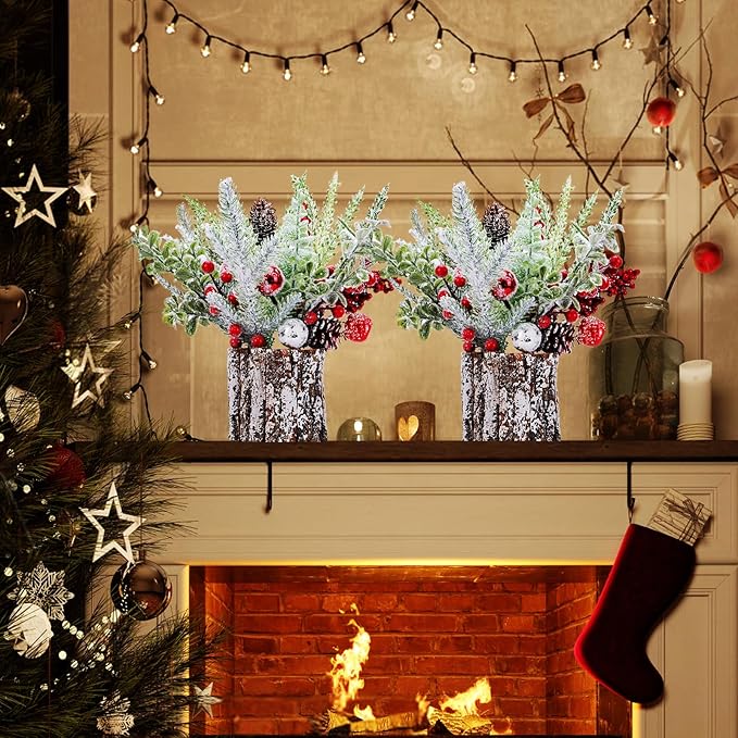 2 Pack Christmas Table Decorations, 14 Inch Christmas Centerpiece Small Potted Christmas Tree, Pine Cones and Berries, Xmas Artificial Plants for Tables, Home, Mantel Holiday Decor
