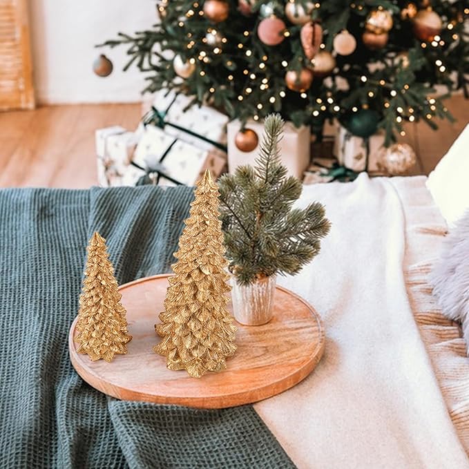 2Pcs Christmas Tree Decoration Figurines, Christmas Tree Statues Glittered Resin Desktop Mini Small Tabletop Ornaments Holiday Fireplace Home Decor Gifts (Glod)