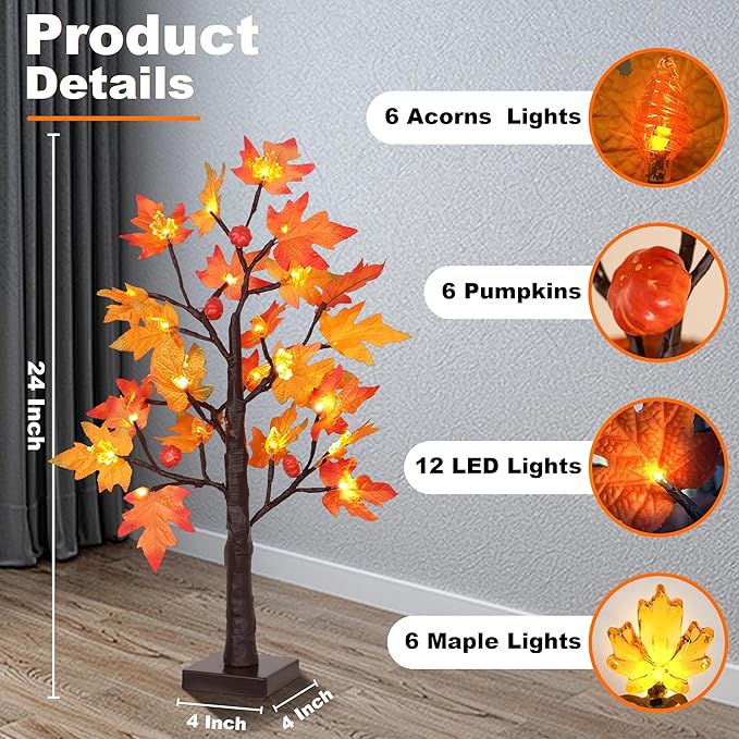 2 Pack 24 Inch Prelit Fall Maple Tree Decor with 48 LED Timer Fall Thanksgiving Decorations Battery Operated Lighted Pumpkin Acorn Maple Artificial Tabletop Tree Thanksgiving Table Decor Home Indoor