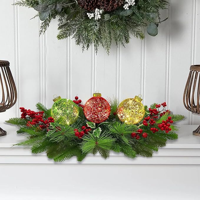 Christmas Table Centerpieces Decorations, Lighted Table Accent Centerpiece with LED Sparkle Baubles Battery Operated with Timer Holiday Candelabrum for Home Party Xmas Table Mantel Decoration
