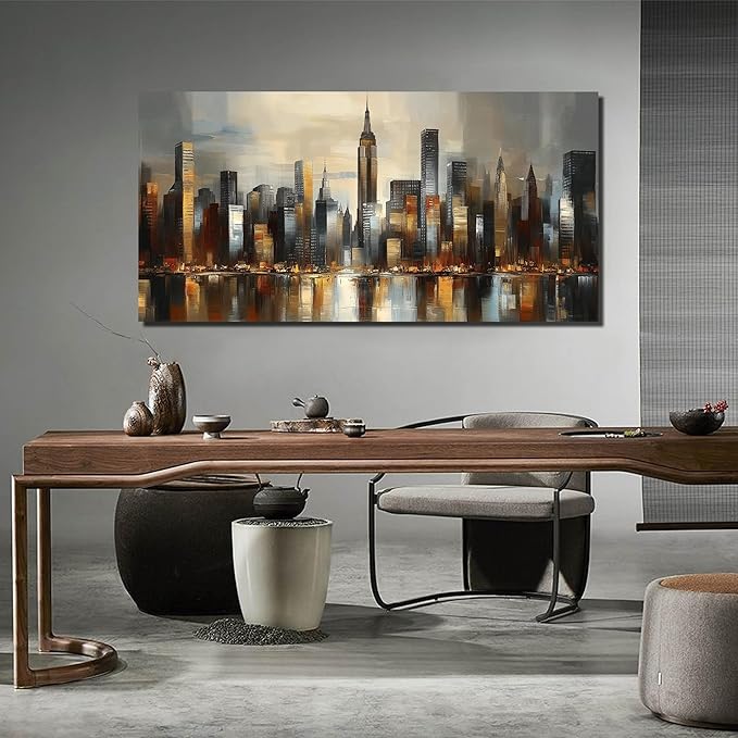 GUGIKA City Wall Art for Living Room, Gold and Grey Wall-Decor for Bedroom, Modern Cityscape Poster Canvas Print, Size 59 x 29 Inches
