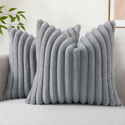 decorUhome Faux Fur Throw Pillow Covers 18x18 Set of 2, Decorative Soft Plush Striped Neutral Couch Euro Pillow Covers with Velvet Back for Sofa, Bed, Living Room Home Decor, Grey