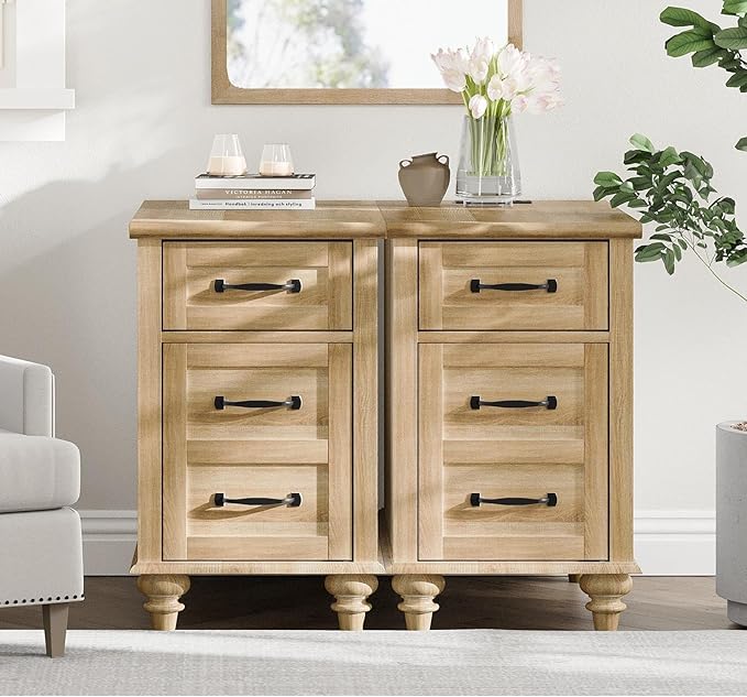 WAMPAT Set of 2 End Tables with Charging Station, Light Wood Sofa Side Table with Drawer & Storage Cabinet, Farmhouse Nightstand with Power Outlets & USB Ports for Living Room, Bedroom, Oak
