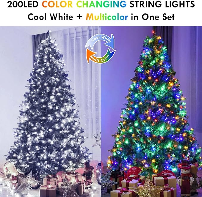 Multicolor to Cool White Color Changing 200 LED 66FT Christmas String Lights for Outdoor&Indoor, 11 Modes Christmas Tree Clear Wire Fairy Waterproof Lights with Memory Function & Remote & Timer