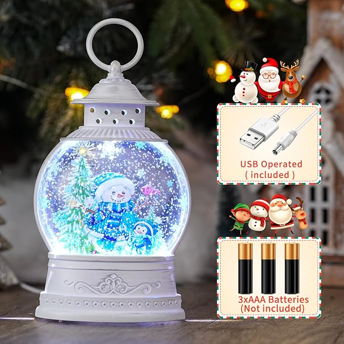 Christmas Snow Globes Lantern, Lighted Blue Snowman Decor with Music Timer Swirling Glitter Snow Globe Penguin Christmas Tree, USB or Battery Operated