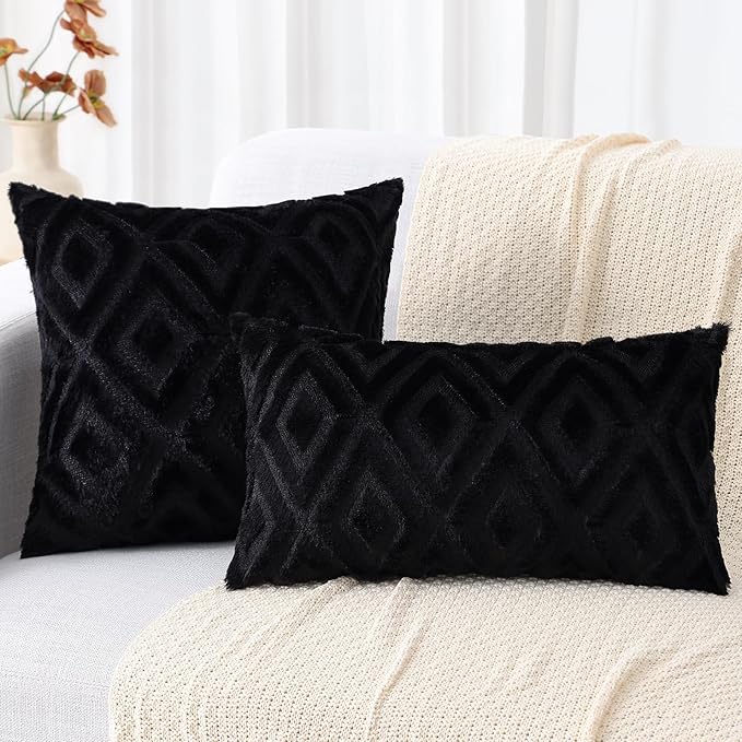 decorUhome Couch Throw Pillow Covers 22x22 Set of 2, Decorative Soft Plush Faux Wool Neutral Accent Pillow Covers for Bed Sofa Living Room, Black