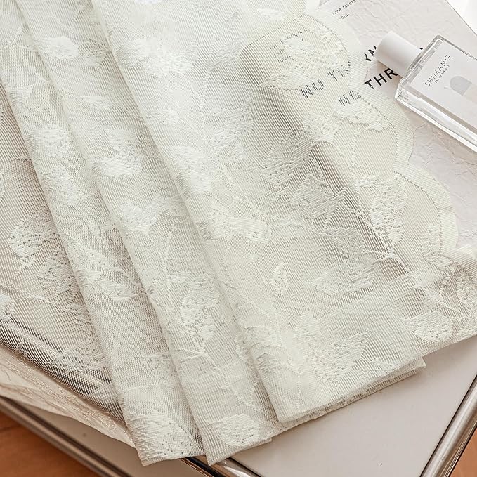 Ivory Lace Semi-Sheer Curtains – Vintage Leaves Pattern Lace for Bedroom/Bathroom, Light Filtering Rod Pocket Drapes, Privacy Chic Window Treatments Scalloped Hem, 52W x 72L Inch, 2-Panel Set
