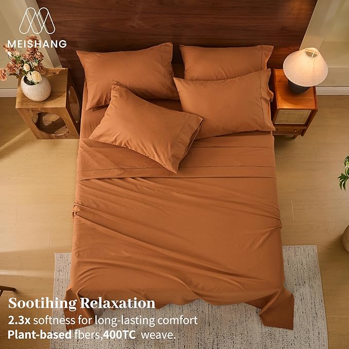 MEISHANG 100% French Pure Linen Sheets Queen Size - Extra Deep Pocket Sheet Set, Soft Durable Flax Linen, Anti-Tear Breathable & Oeko-Tex Certified 18-24 Deep Pocket,All Season(Brown)