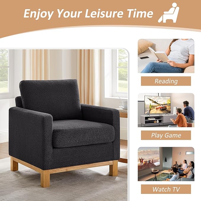 VANOMi Accent Chair 29.5" Reading Chair, Modern Living Room Chair with Thick Cushion&Wood Base, Comfy Upholstered Boucle Armchair, Single Sofa for Bedroom, Office, Dark Gray