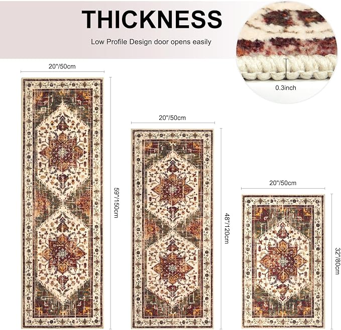 Yamaziot Boho Washable Kitchen Rugs Sets of 3, Non Slip Kitchen Mats for Floor with Rubber Backing, Waterproof & Stain Resistant Thick Carpet Runner Throw Rug for Kitchen, Laundry Room, Hallway