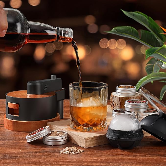 Premium Whiskey Smoker Kit with Torch, 6 Flavors Wood Chips, 2 Glasses, 2 Ice Ball Molds, Old Fashioned Drink Cocktail Smoker Kit, Birthday Bourbon Gifts for Men, Dad, Husband, Black&Brown (NO Butane)