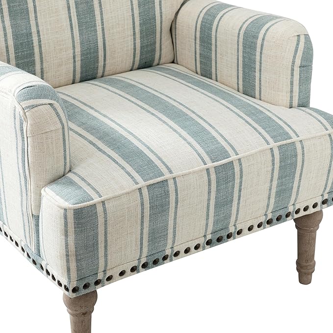 HULALA HOME Modern Armchairs Set of 2 with Wooden Legs & Nailhead Trim, Comfortable Upholstered Accent Chairs for Living Room Bedroom(Stripe Pattern, Blue)