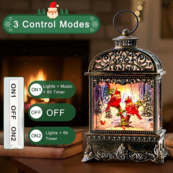 10.2" Christmas Snow Globe Water Lantern with Cardinal Scene Battery Operated or USB Powered Musical Lighted Holiday Decoration for Tabletop Display for Family and Friends
