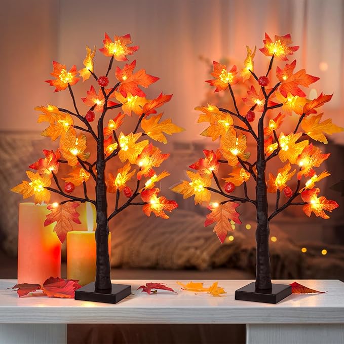 2 Pack 24 Inch Prelit Fall Maple Tree Decor with 48 LED Timer Fall Thanksgiving Decorations Battery Operated Lighted Pumpkin Acorn Maple Artificial Tabletop Tree Thanksgiving Table Decor Home Indoor