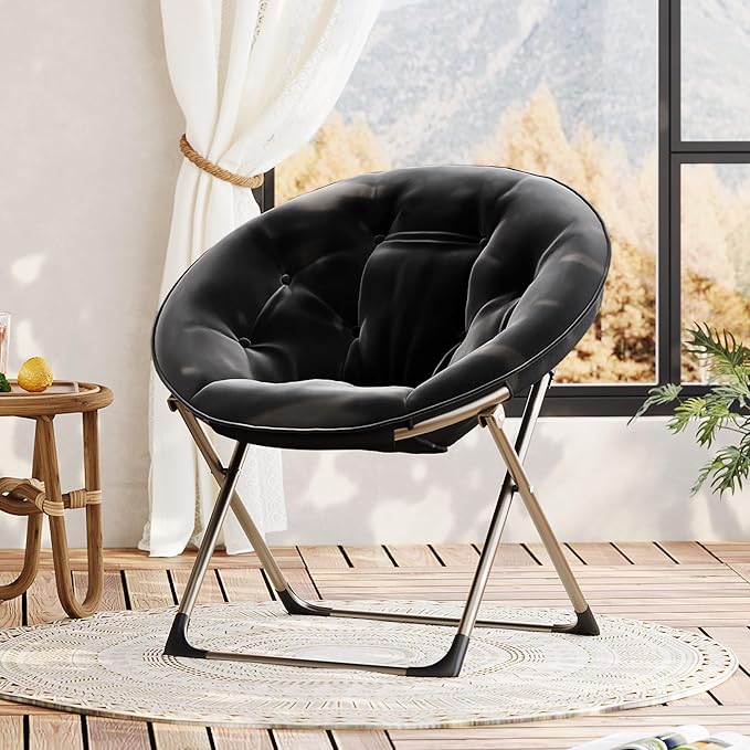 Comfy Saucer Chairs, Black Folding Reading Lounge Chair, Cozy Faux Fur Living Room Chair with Soft Thick Padded Seat & Metal Frame, Modern Style Bedroom Home for Kids Adults, X-Large, Gold Legs