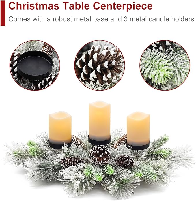 BAYN Christmas Centerpiece Table Decorations, Handcrafted Snowy Pine Cones and Pine Needles with 3 Candle Holders for Dining Table Fireplace Mantel - 27.5 in