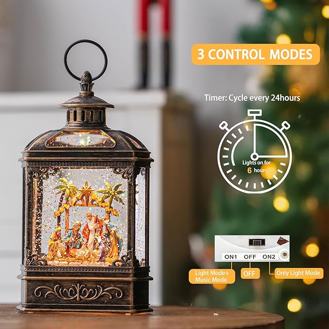 Christmas Snow Globe Lantern Lighted Manger Nativity Scene, Musical Water Lantern Play Silent Night Music in Swirling Glitter, Holiday Decorations Gift