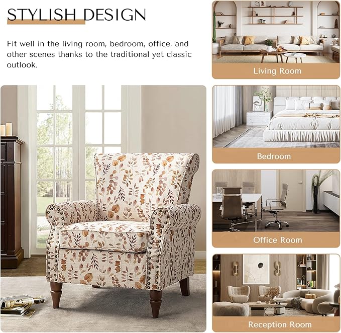 HULALA HOME Modern Wingback Accent Chair with Wood Legs & Removable Cushion, Comfy Upholstered Armchair with Nailhead Trim, Floral Pattern Single Sofa Chair for Living Room Bedroom, Yellow