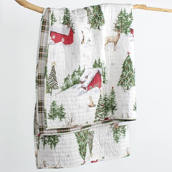 Levtex Home - Tatum Pines Throw - Christmas Cabin - Red, Green, Brown and White - Holiday Quilted Throw Size 50x60in. - Cotton
