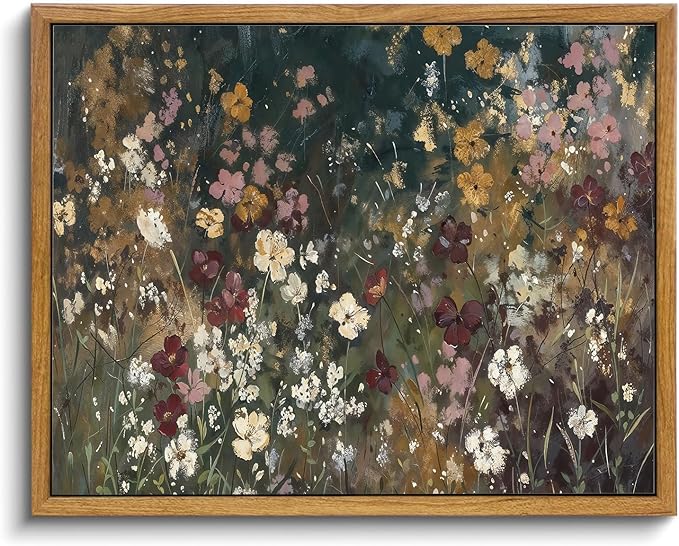 KISSFOX Vintage Floral Framed Wall Art Moody Wildflower Field Canvas Wall Art Neutral Farmhouse Serene Countryside Paintings Artwork Rustic Art Prints For Bedroom Living Room