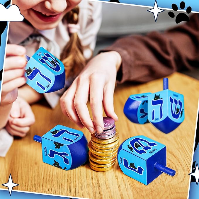 2 Pcs Hanukkah Dreidels Game Toy Extra Large Wooden Dreidel for Hanukkah Decoration with English Transliteration, Forever Spinning Tops Party Favors(Cat)