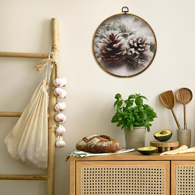 QZQE Vintage Winter Snowy Pinecone Round Wall Art Decor Framed, Rustic Christmas Cottagecore Farmhouse Circle Canvas Prints, Cozy Xmas Holiday Wall Hanging Decor for Home Bedroom Living Room, 10x10 Inch