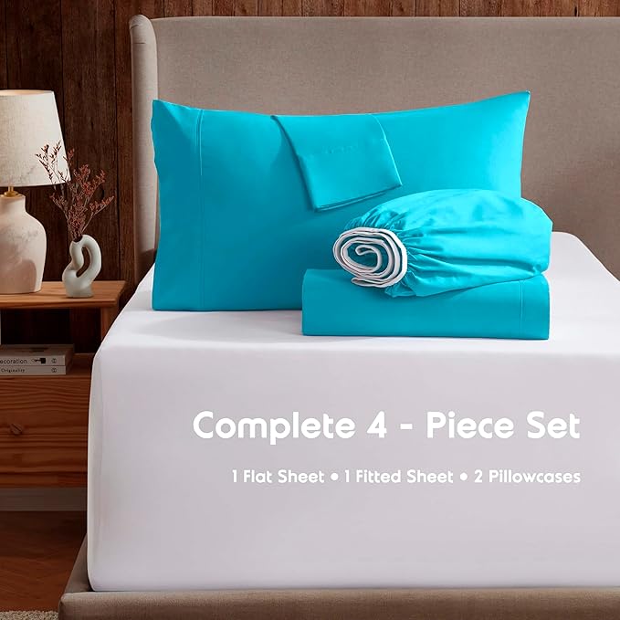 Nestl Extra Deep Twin Sheet Set - 4 Piece Breathable & Cooling Sheets - Hotel Luxury Bedding Set w/18-24 Inch Deep Pockets - Easy & Secure Fit - Super Soft, Wrinkle Free & Comfy - Bright Blue