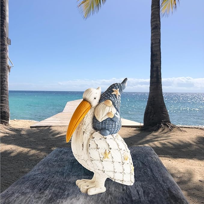 11.5in Pelican Gnome Figurine Decor, Resin Beach Coastal Statue for Home Table, Summer Theme Pool Garden Yard Ornaments Outdoor Gifts